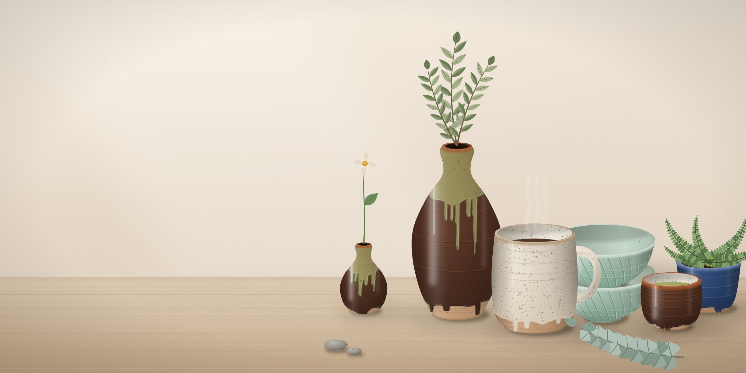 A shelf of Wren & Kiln mugs, bowls and a vase in speckled, celadon and tenmoku glazes, in soft window light (illustration)