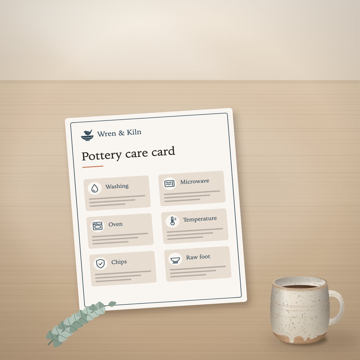 Pottery Care Card, a printed one-page guide (illustration)