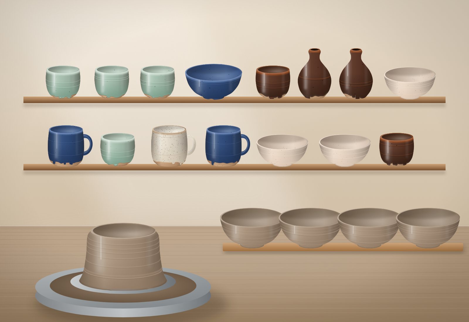 The wheel and ware boards in the fictional Wren & Kiln studio, with freshly thrown bowls drying (illustration)